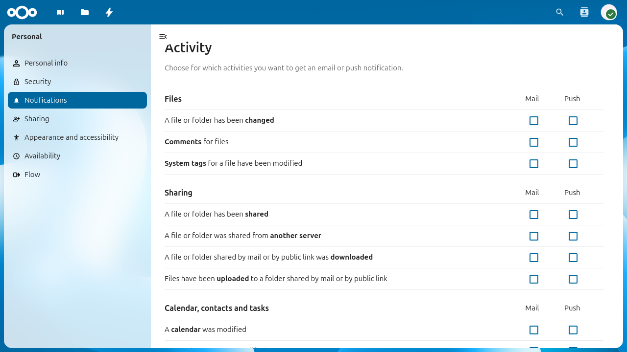 Personal notification settings for the Activity app.
